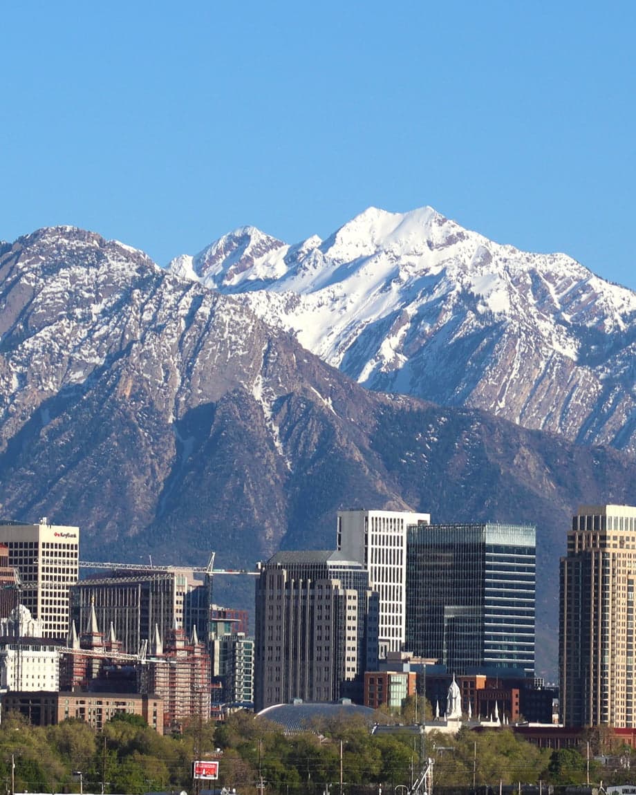 The Salt Lake City skyline below the Wasatch Range.