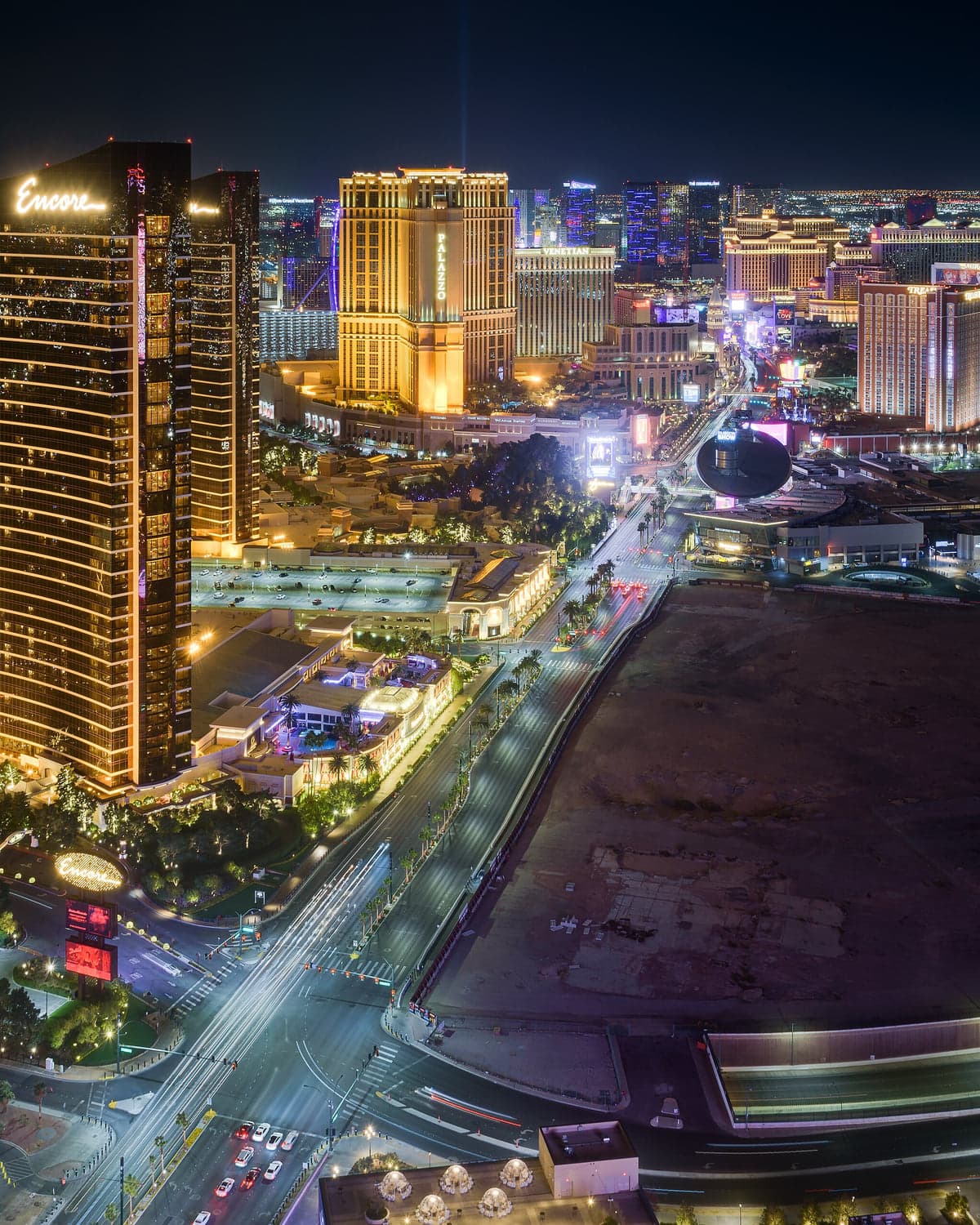 The Las Vegas Strip at night from above.