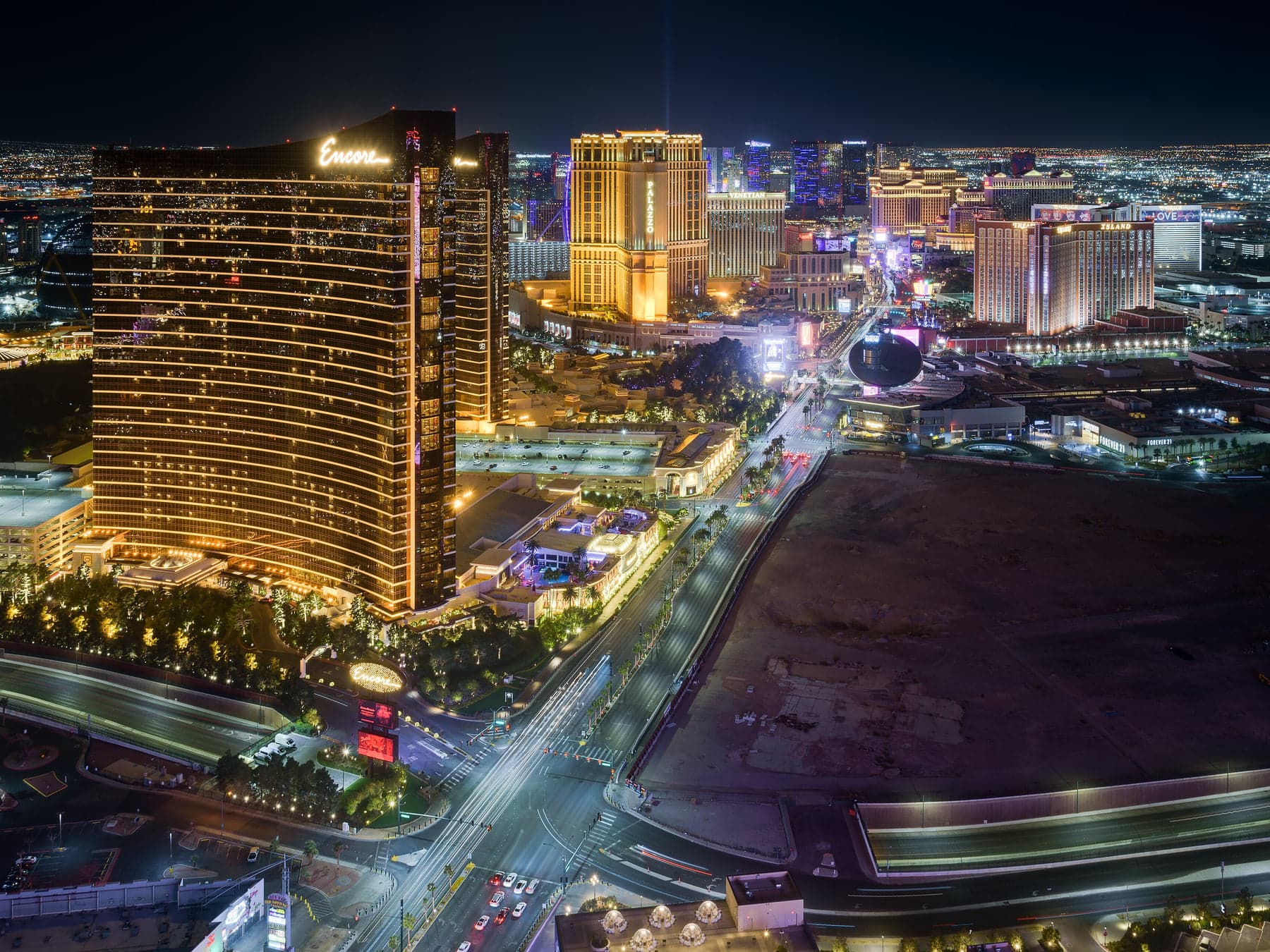 The Las Vegas Strip at night from above.