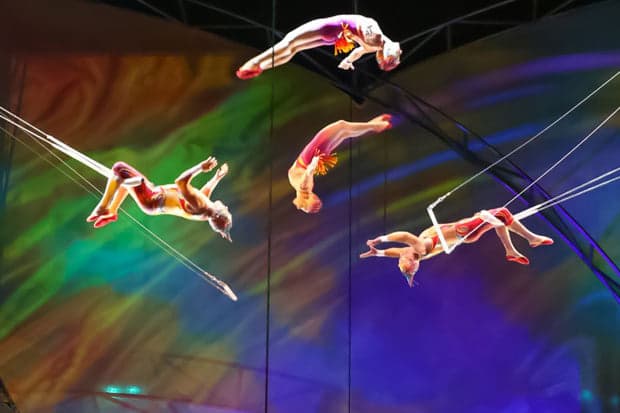 Four Cirque du Soleil aerial performers mid-flight above the Mystère stage.