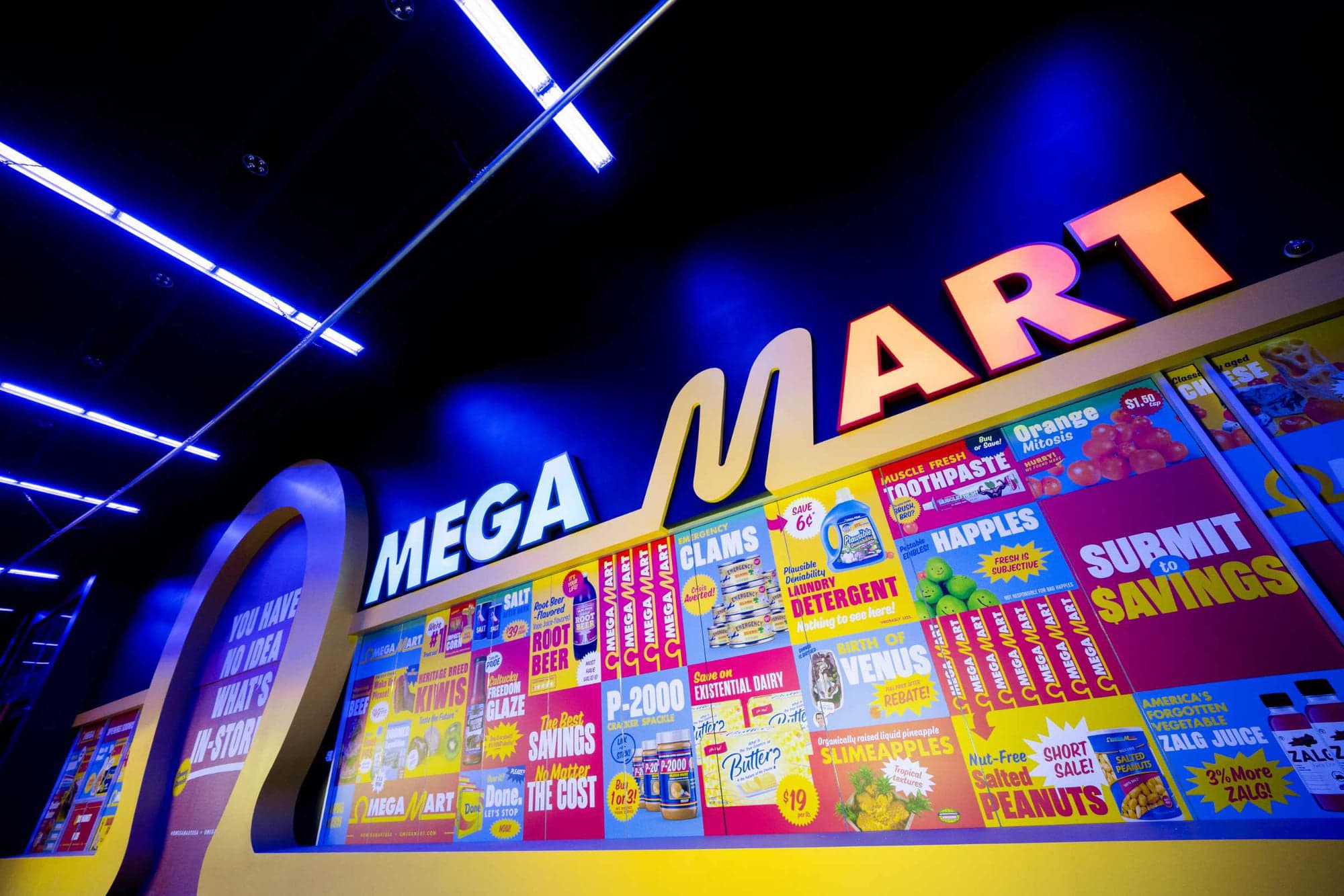 The neon-lit Mega Mart shelf wall inside Omega Mart, stacked with invented grocery products.